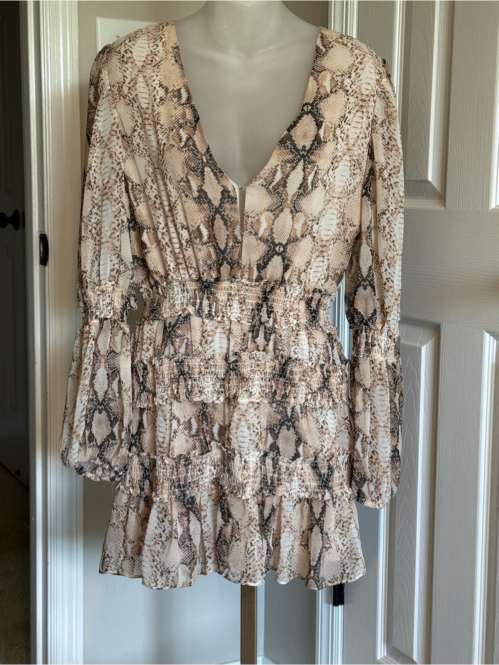 Olivaceous Beige and Tan Snakeskin-Print Long Sleeve Dress